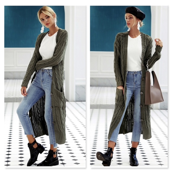 Green Cable Knit Cardigan Buttoned with Pockets - Picture 3 of 8